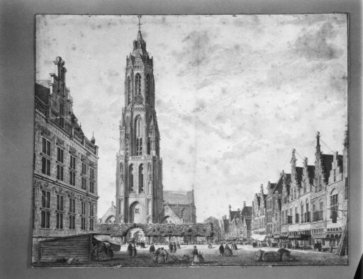 Een foto van een heel oud schilderij, waarop je een momument in Delft ziet.