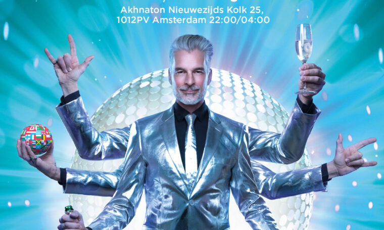 Poster van de inclusieve dansavond. Je ziet Johan met zes armen. In elke hand houdt hij iets anders vast.