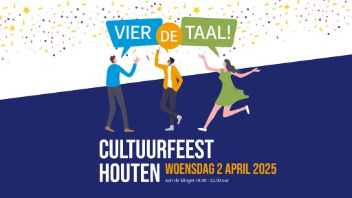 Animatie van drie mensen met tekstballonnen Vier de taal