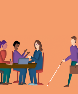 Illustratie van drie mensen die zitten en een man die komt aanlopen met een wandel stok