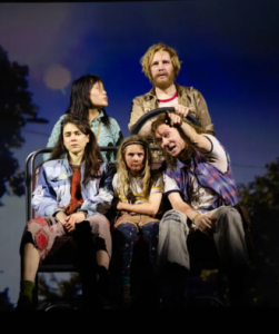 Groep van vijf mensen zitten op een bankje