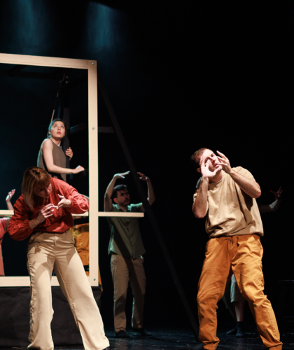 Groep mannen en vrouwen staan op podium en maken gebaren en spelen een theaterstuk