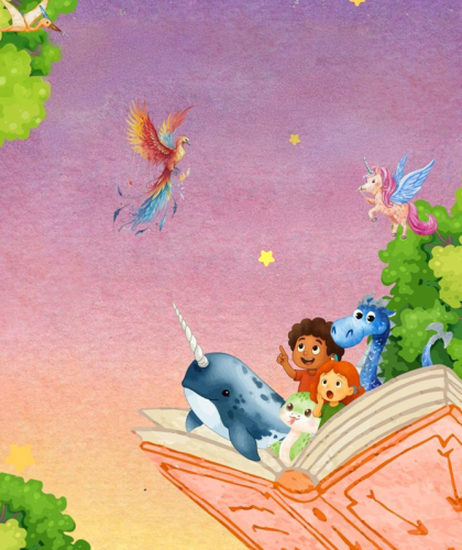 illustratie van kind met fantasie dieren die uit een boek komen