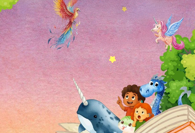 illustratie van kind met fantasie dieren die uit een boek komen